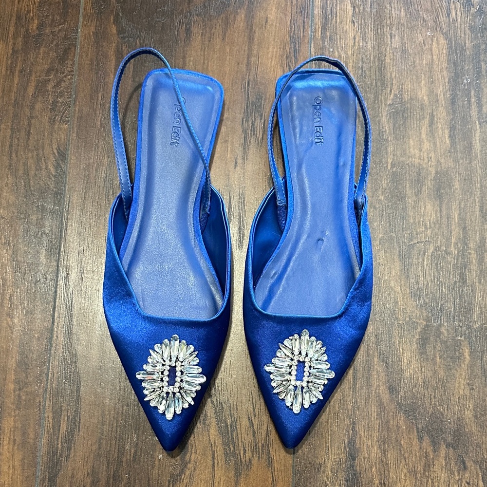 Open Edit Blue Satin Slingback Flats with Silver Embellishments